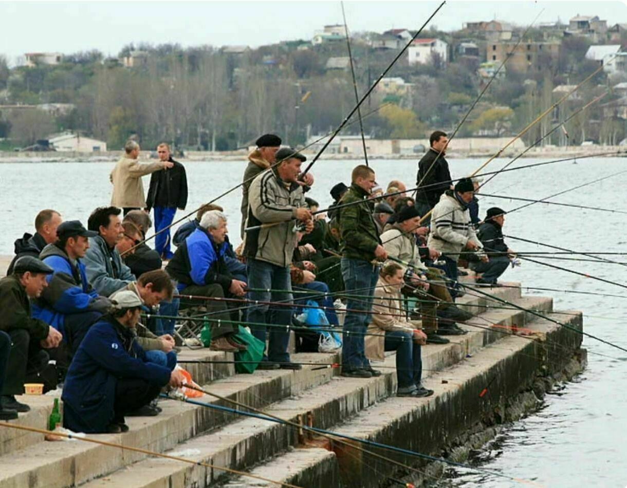 Толпа рыбаков с удочками